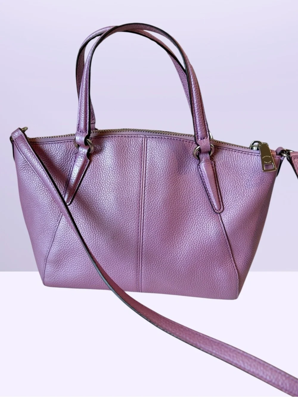 Coach Mini Kelsey Satchel in a metallic lilac purple pebbled leather